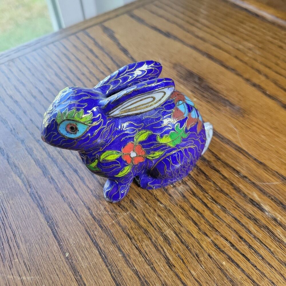 Vtg Chinese Cloisonné Enamel Cobalt Floral Rabbit Bunny Figurine 4” Mid Century